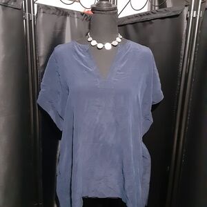 Jigsaw Deep Blue V-Neck Blouse Silk Blend Two Tone Women's Size S Office